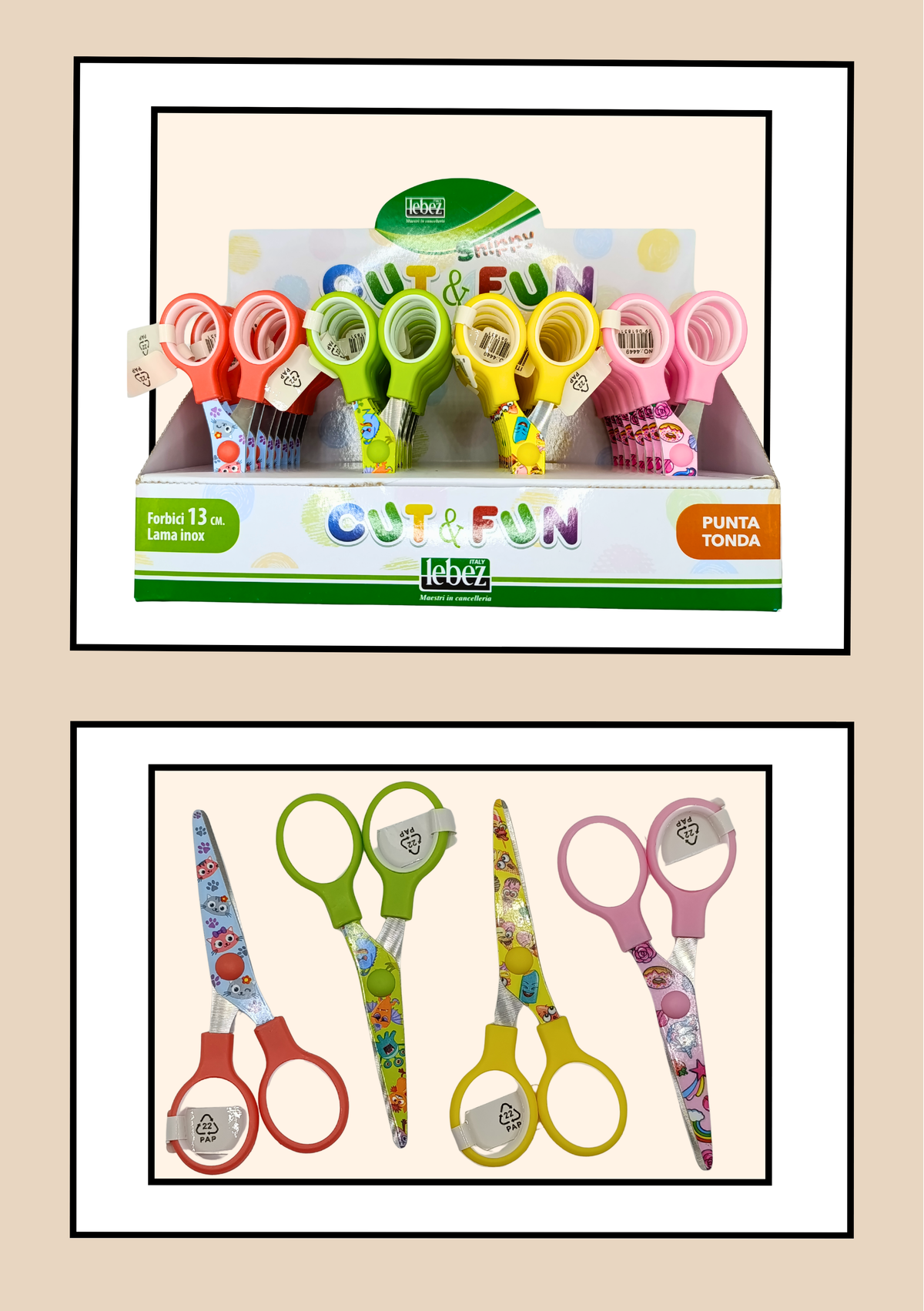 Forbici Stampate Lebez Cut & Fun - espositore con tutti i modelli