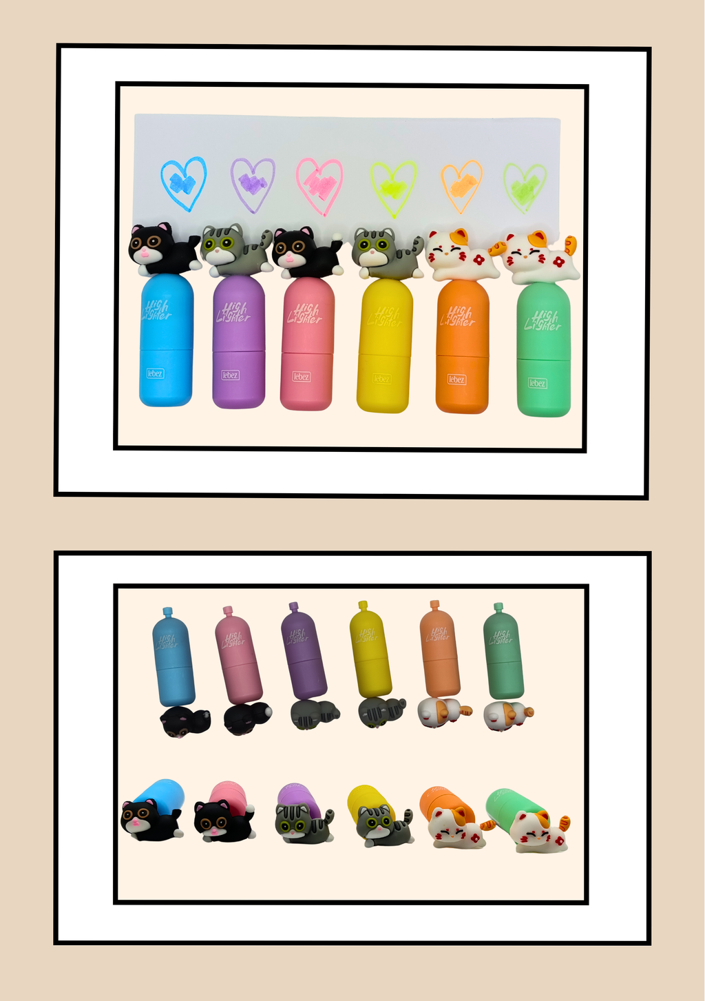 Mini Evidenziatori Gatto Meow - tutti e 6 i colori con cuori evidenziati