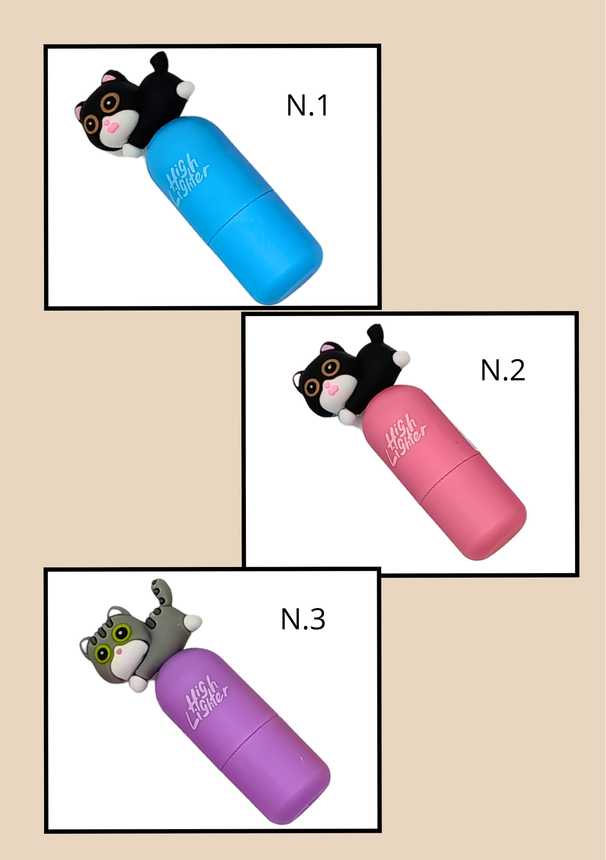 Mini Evidenziatore Gatto Meow N.1 Azzurro, N.2 Rosa, N.3 Viola