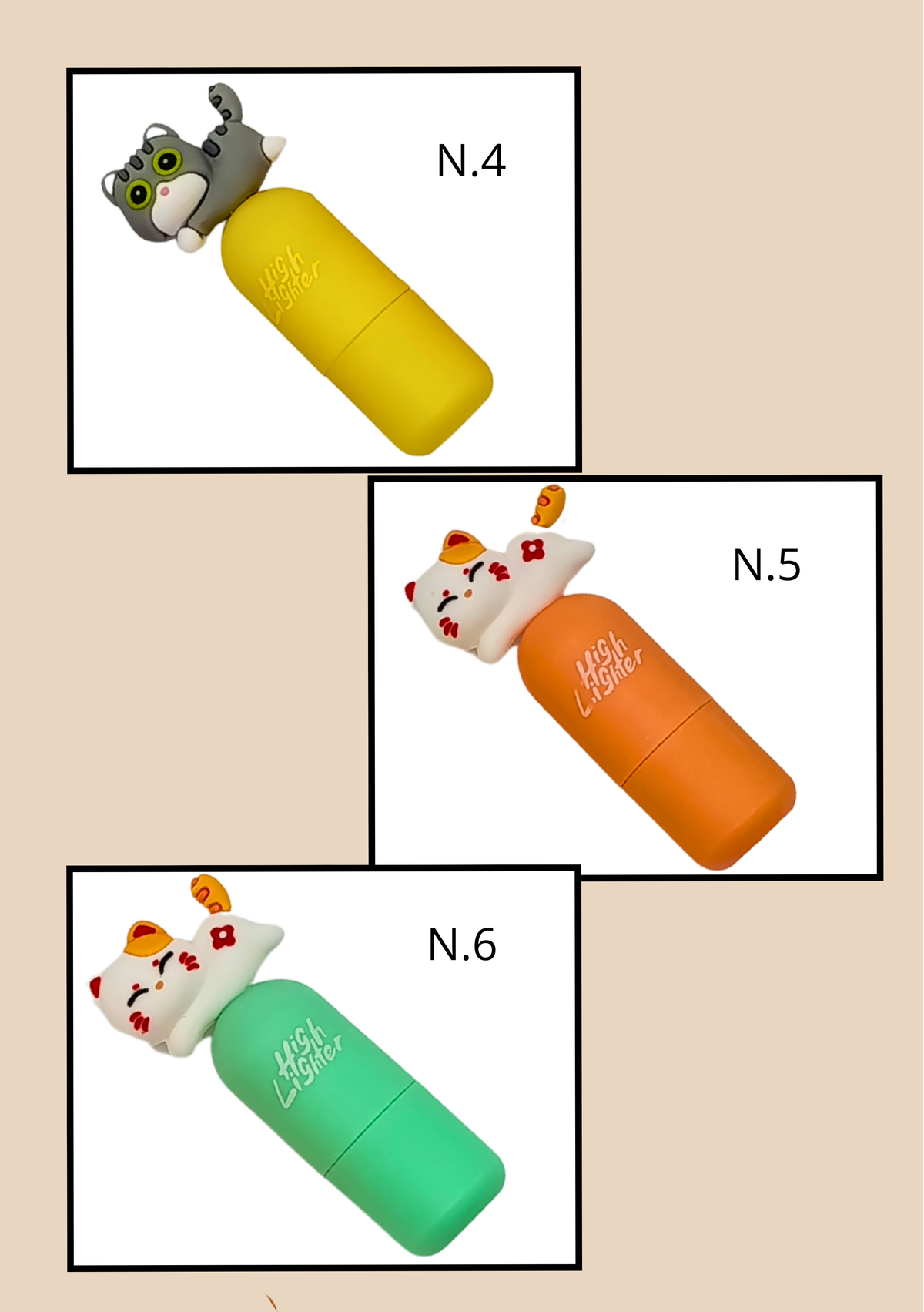 Mini Evidenziatore Gatto Meow N.4 Giallo, N.5 Arancio, N.6 Verde