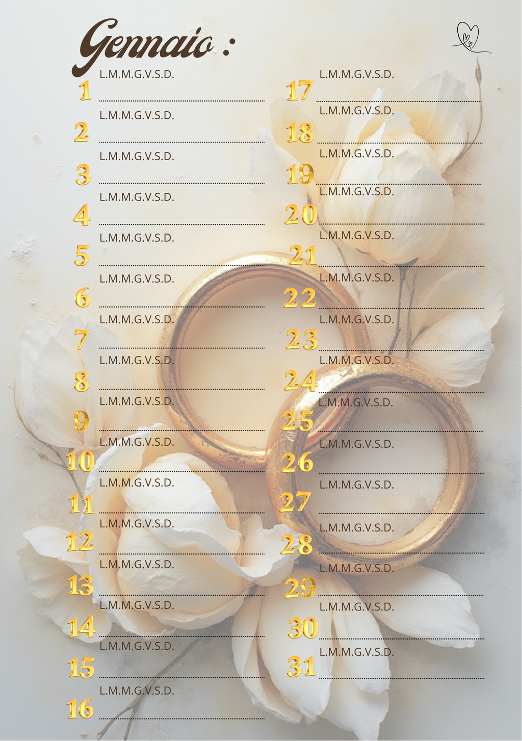 Agenda Mensile Matrimonio Personalizzata Artigianale – Modello 2