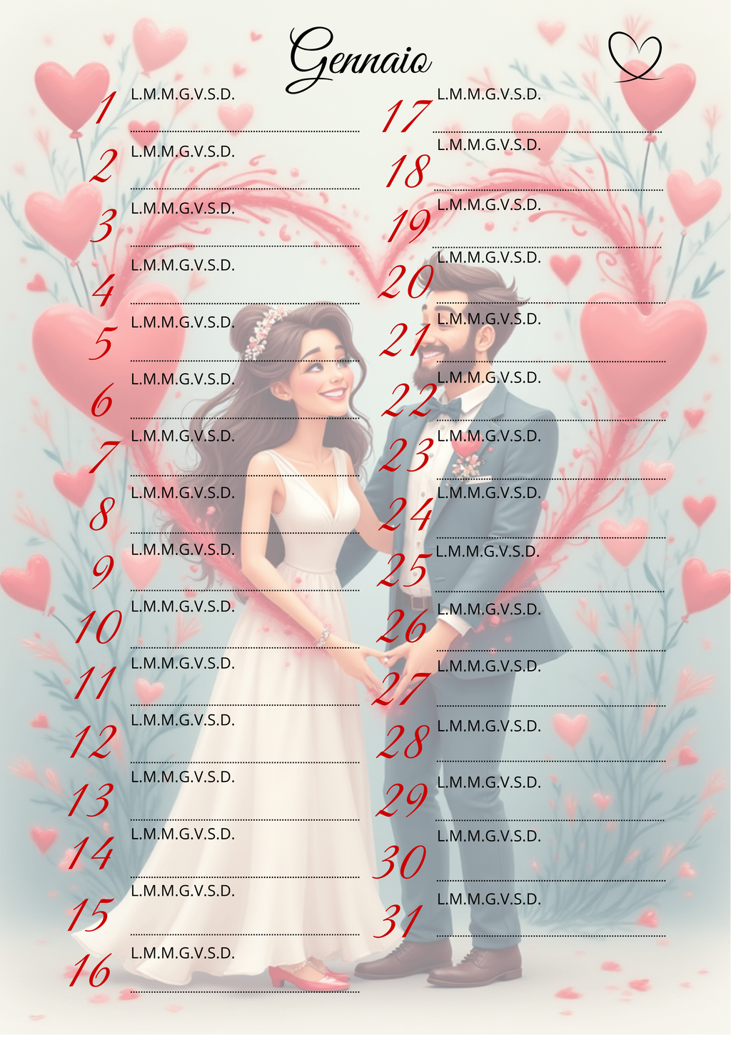 Agenda Mensile Matrimonio Personalizzata Artigianale – Modello 3