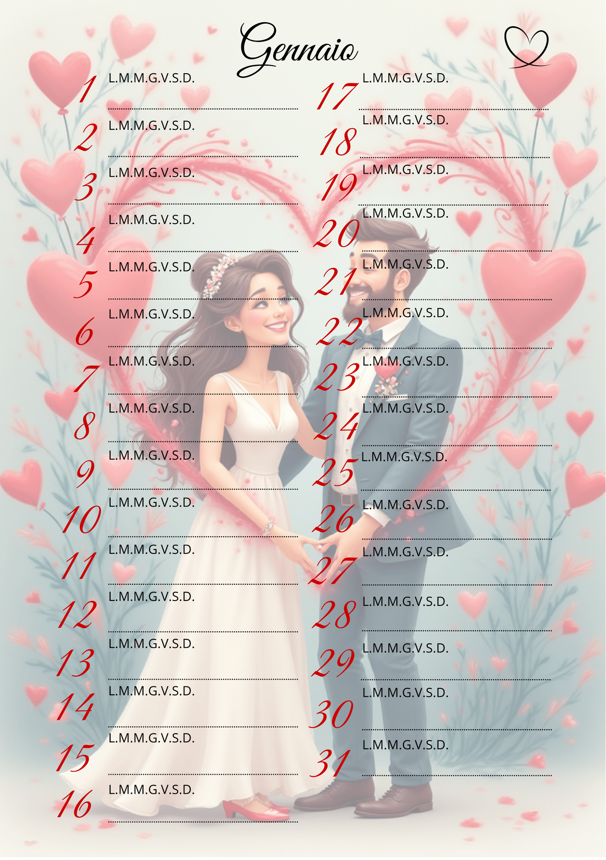 Agenda Mensile Matrimonio Personalizzata Artigianale – Modello 3
