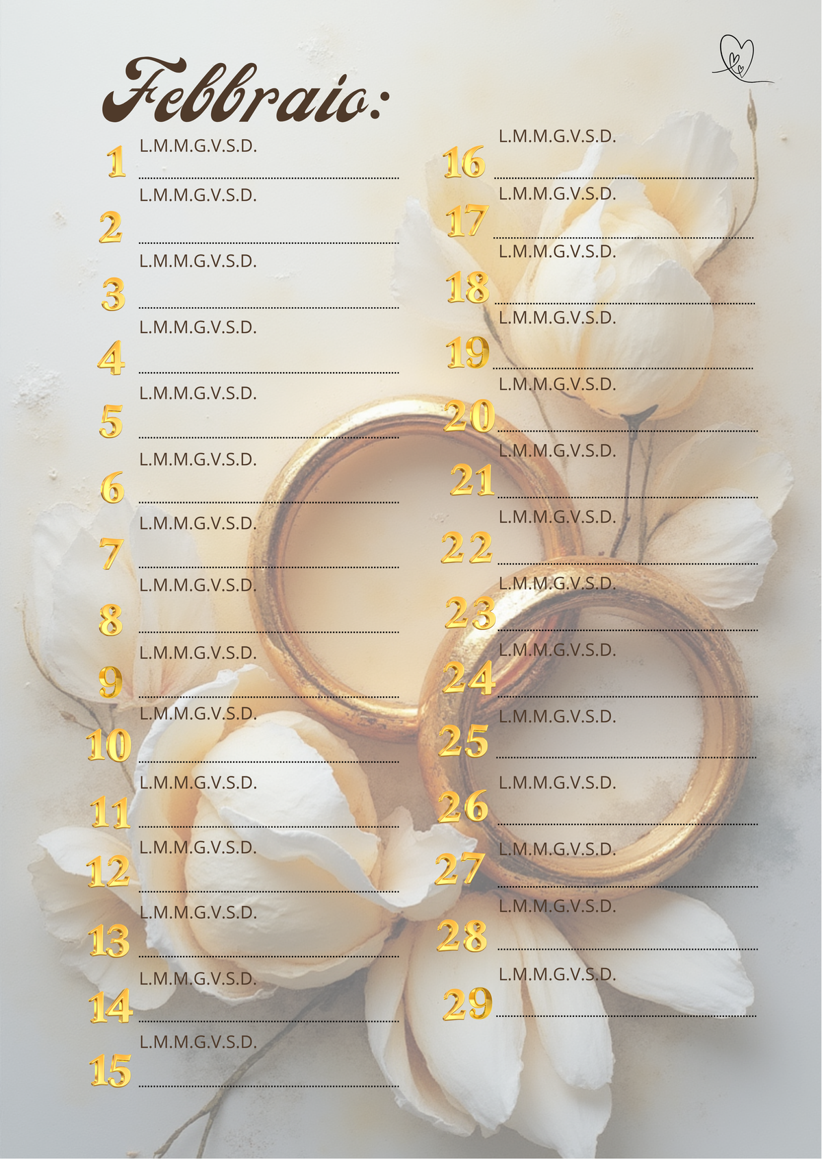 Agenda Mensile Matrimonio Personalizzata Artigianale – Modello 2