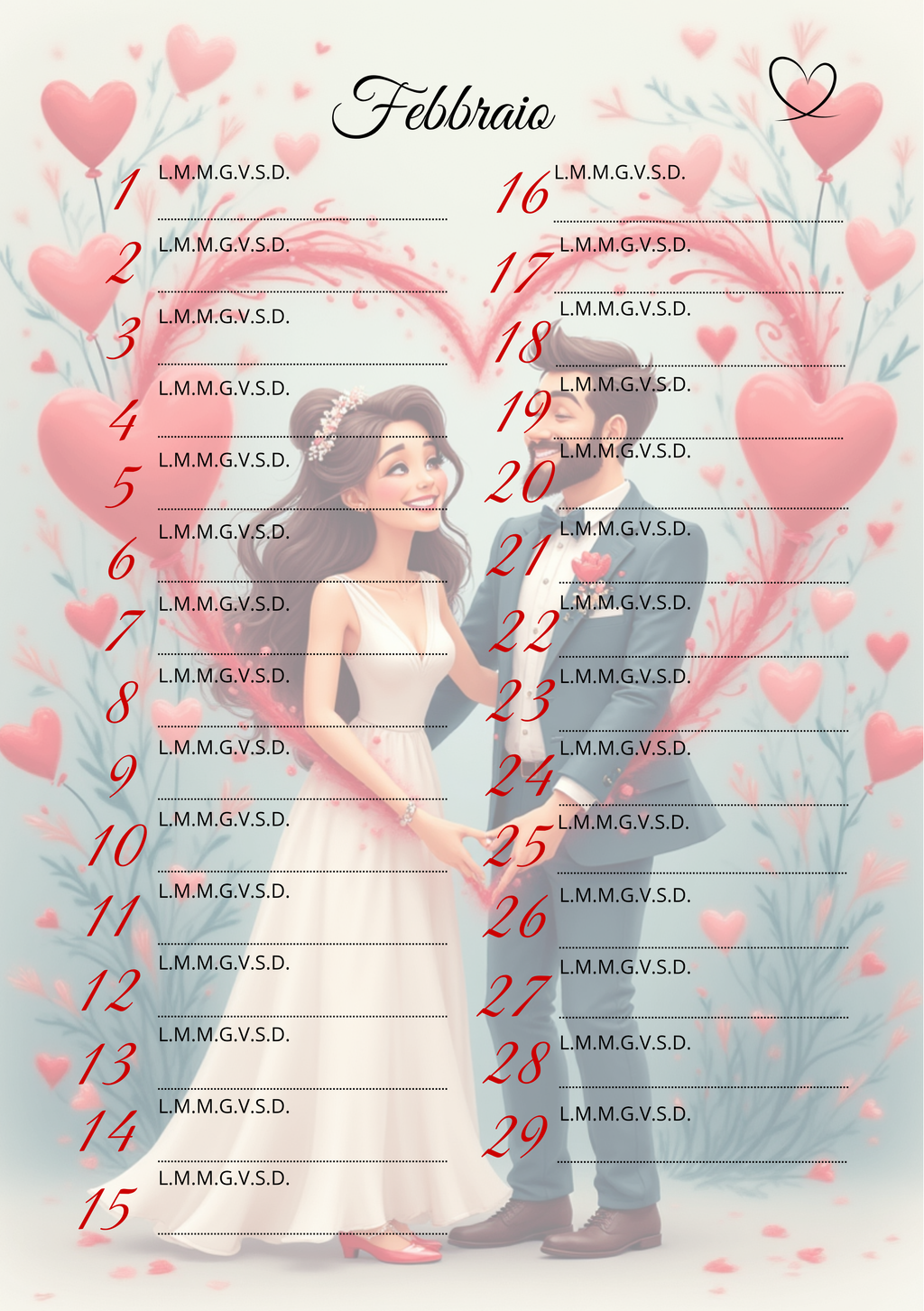Agenda Mensile Matrimonio Personalizzata Artigianale – Modello 3