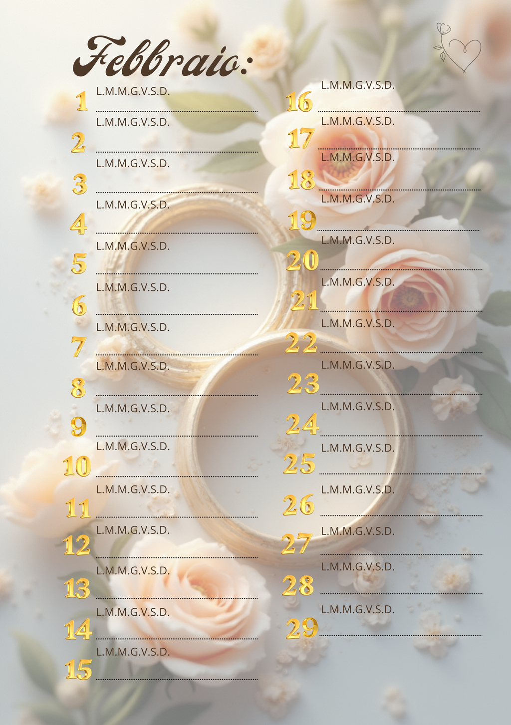 Agenda Mensile Matrimonio Personalizzata Artigianale – Modello 1