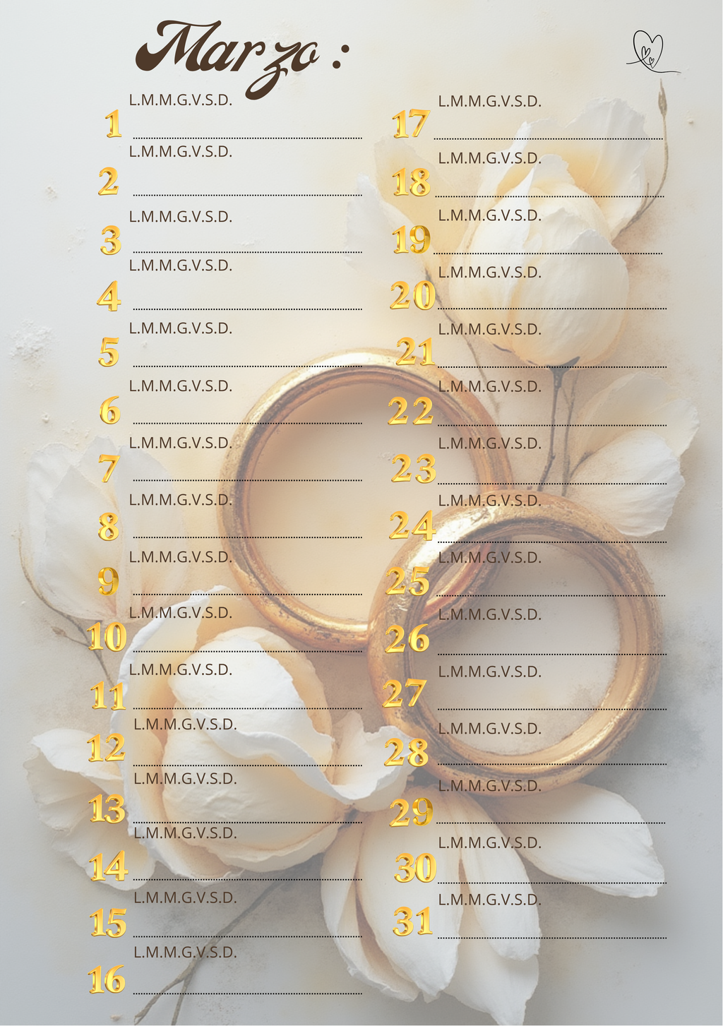 Agenda Mensile Matrimonio Personalizzata Artigianale – Modello 2