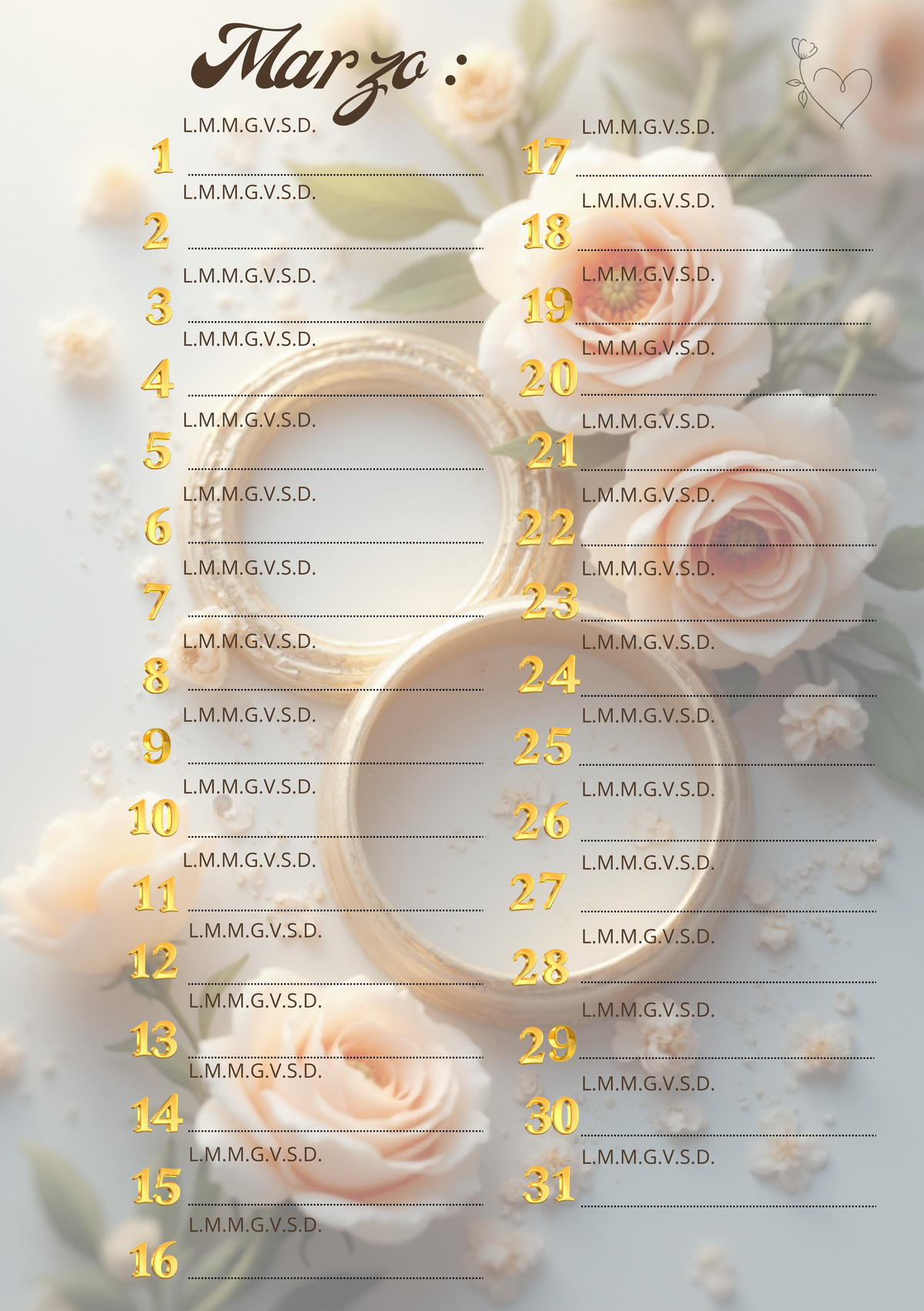 Agenda Mensile Matrimonio Personalizzata Artigianale – Modello 1