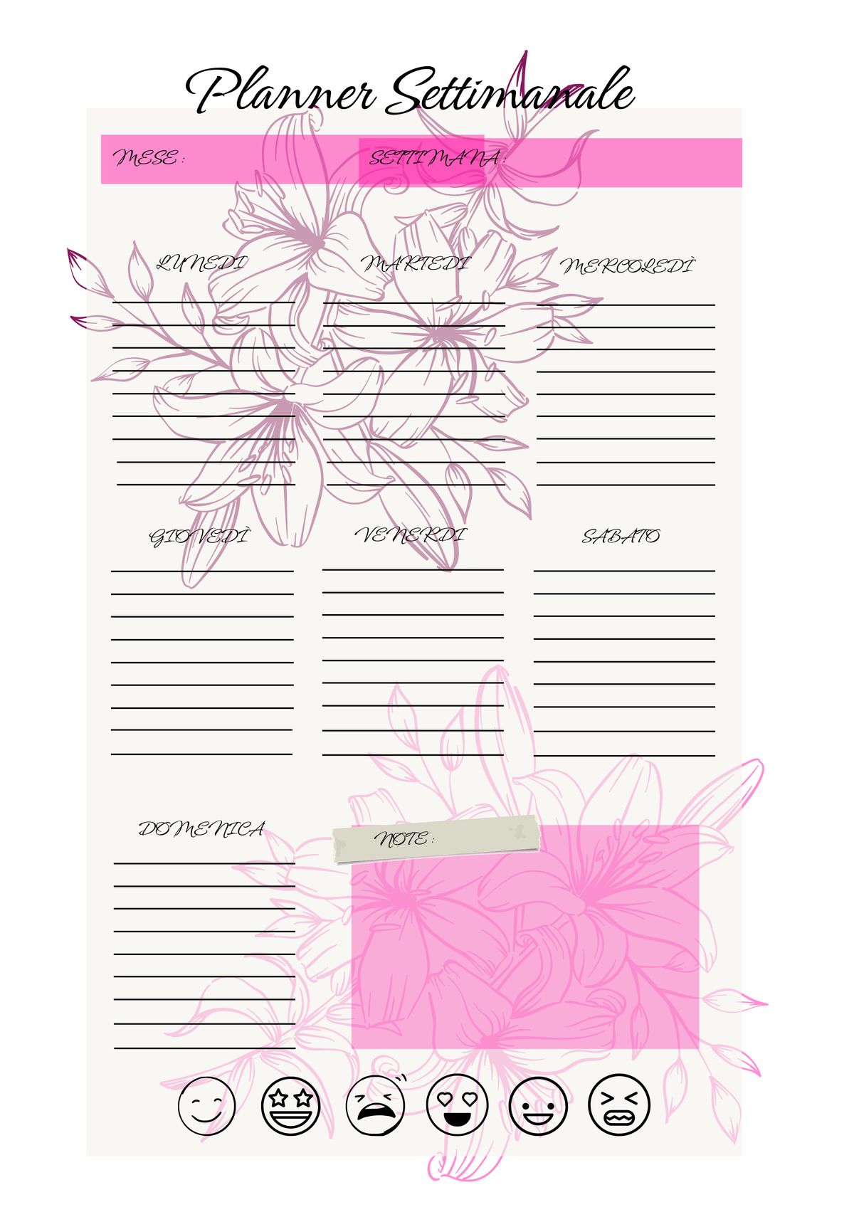 Agenda Settimanale Personalizzata Artigianale Floreale – 1 Settimana per Foglio