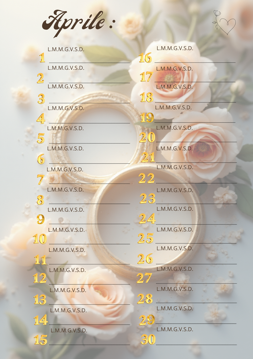 Agenda Mensile Matrimonio Personalizzata Artigianale – Modello 1