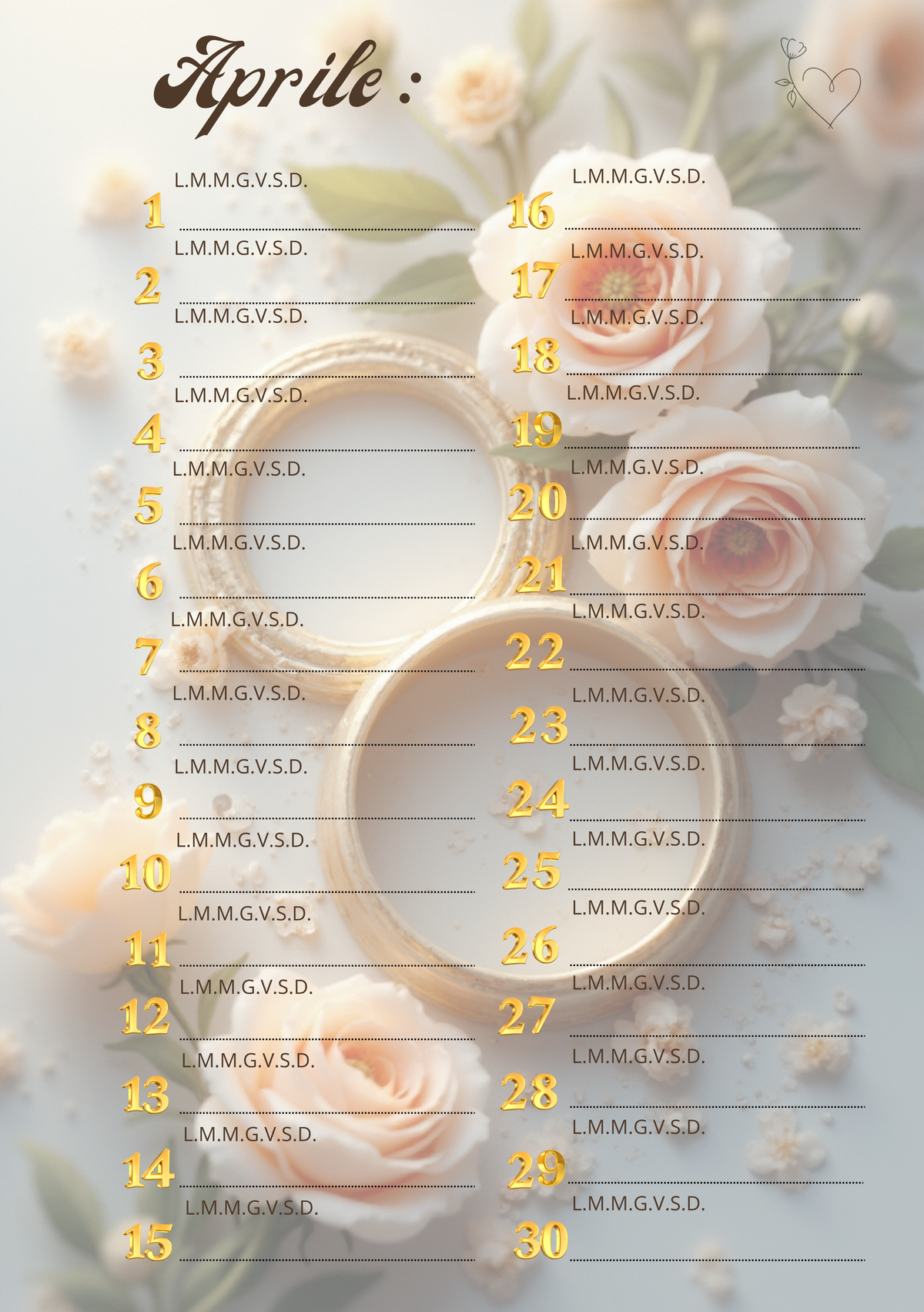 Agenda Mensile Matrimonio Personalizzata Artigianale – Modello 1