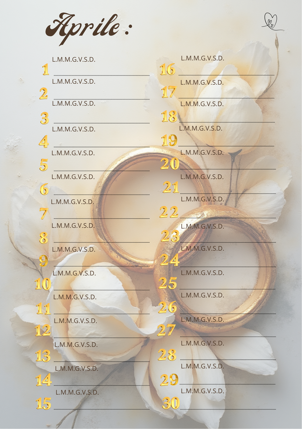 Agenda Mensile Matrimonio Personalizzata Artigianale – Modello 2