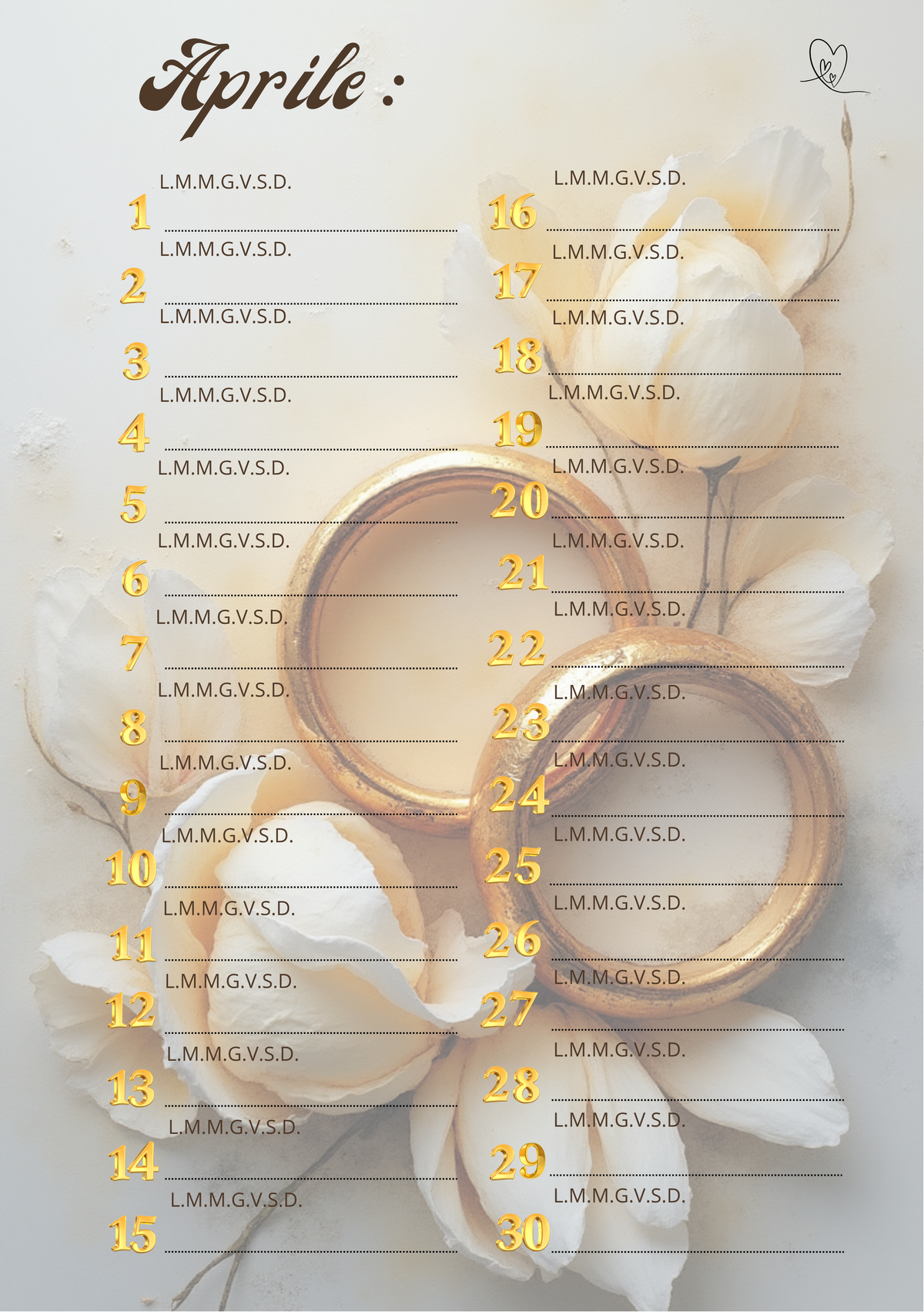 Agenda Mensile Matrimonio Personalizzata Artigianale – Modello 2