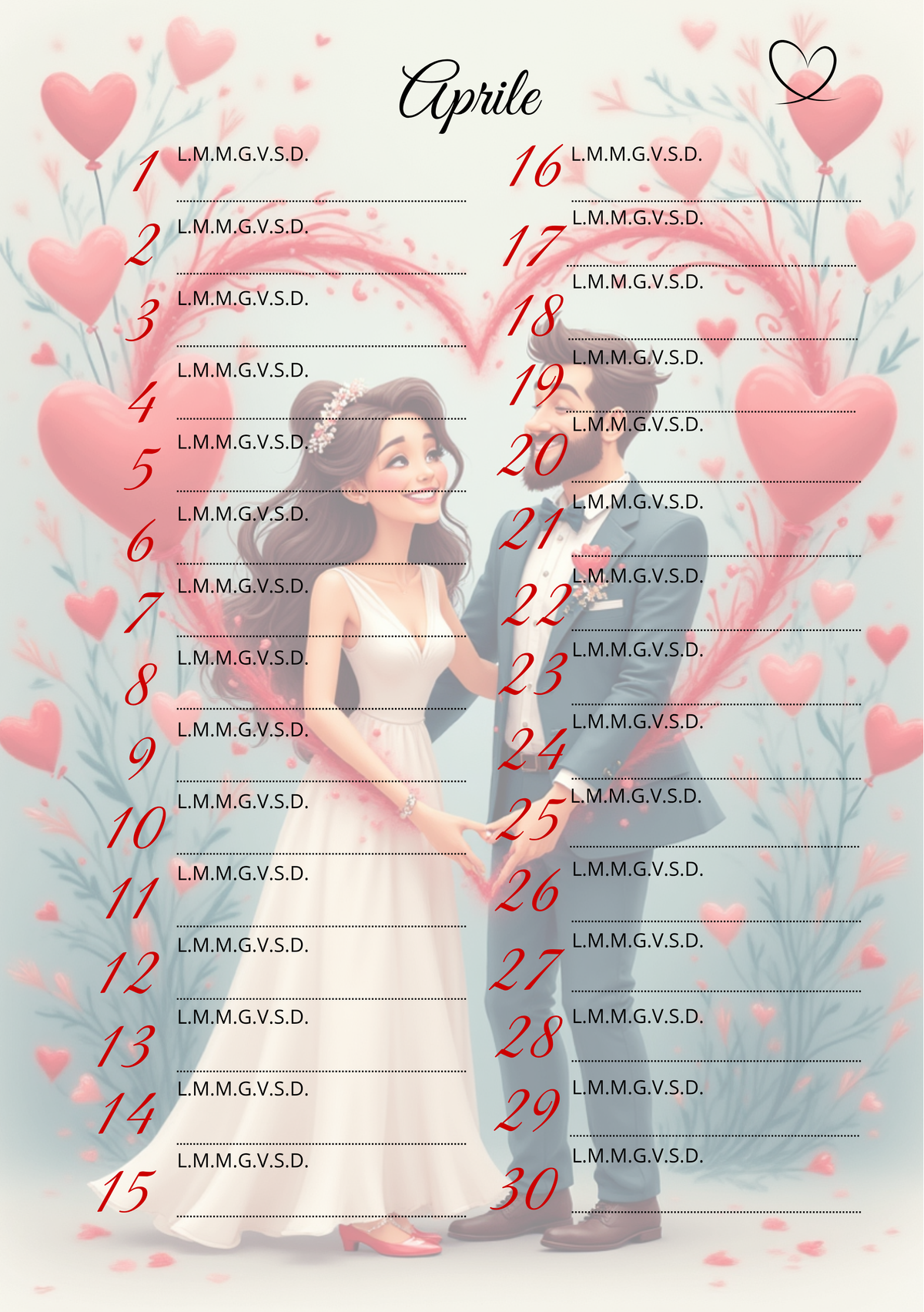 Agenda Mensile Matrimonio Personalizzata Artigianale – Modello 3