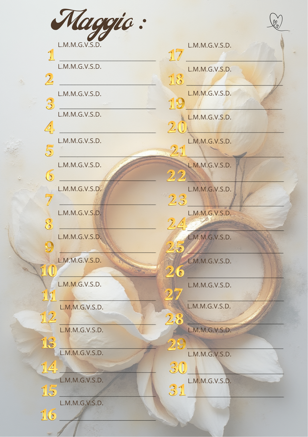 Agenda Mensile Matrimonio Personalizzata Artigianale – Modello 2
