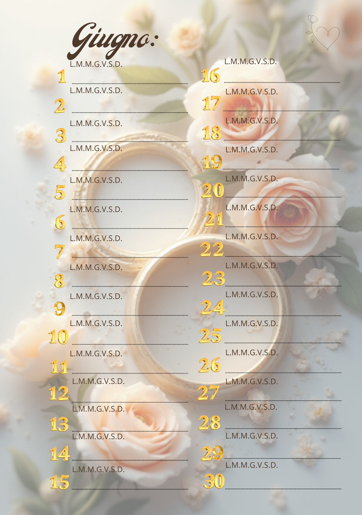 Agenda Mensile Matrimonio Personalizzata Artigianale – Modello 1