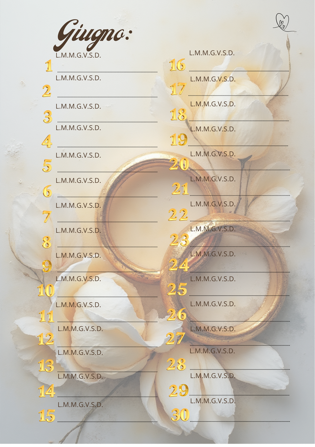 Agenda Mensile Matrimonio Personalizzata Artigianale – Modello 2