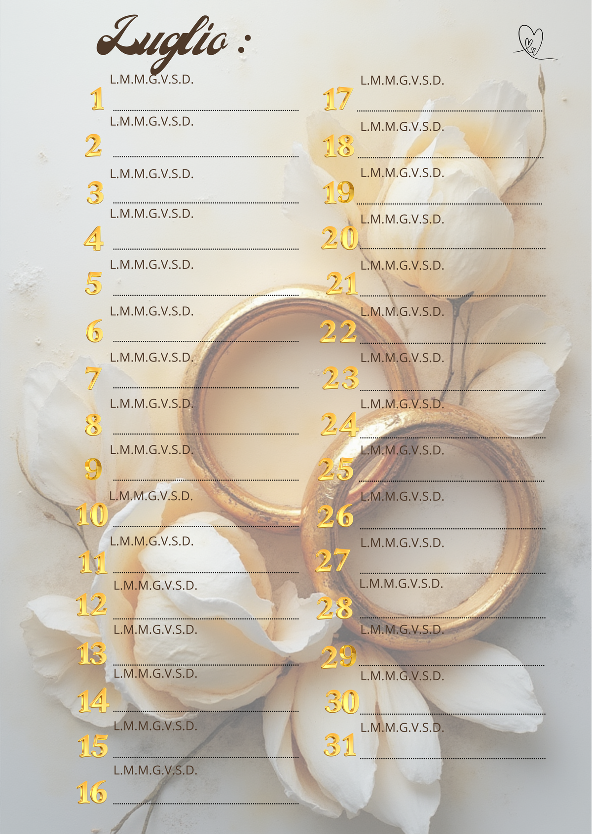 Agenda Mensile Matrimonio Personalizzata Artigianale – Modello 2