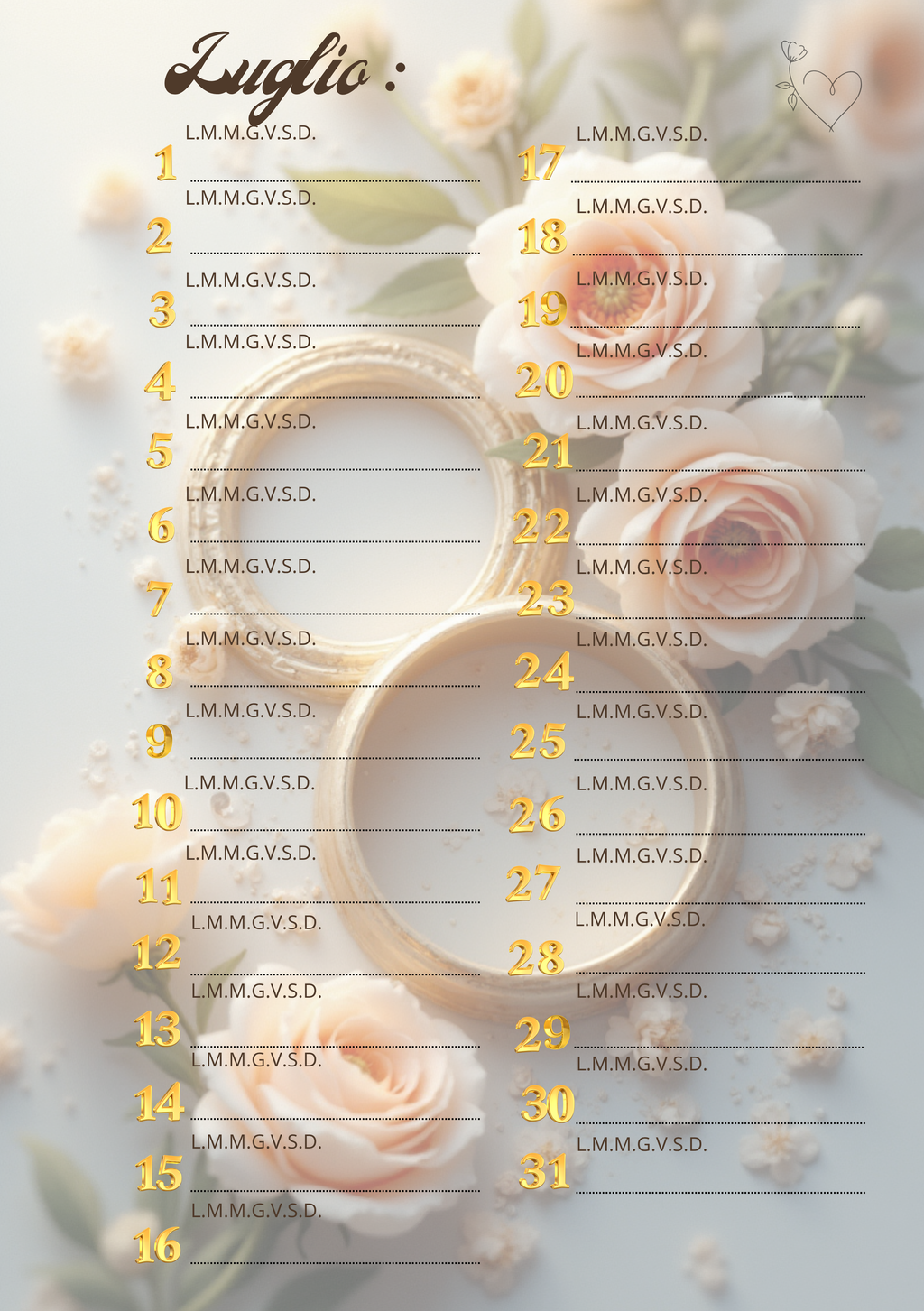 Agenda Mensile Matrimonio Personalizzata Artigianale – Modello 1