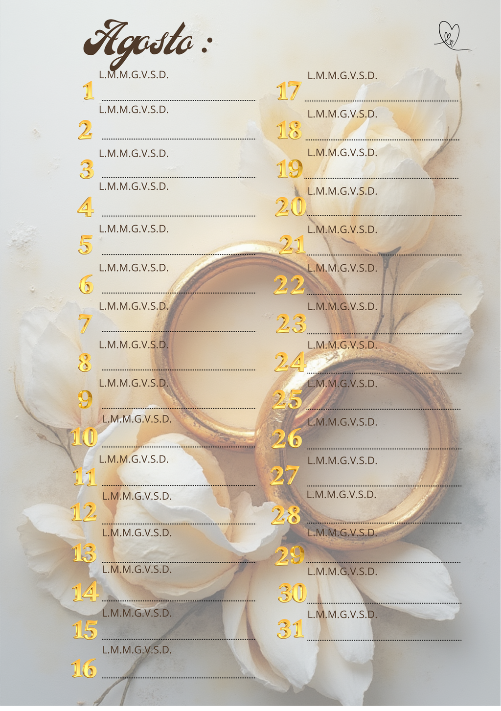 Agenda Mensile Matrimonio Personalizzata Artigianale – Modello 2
