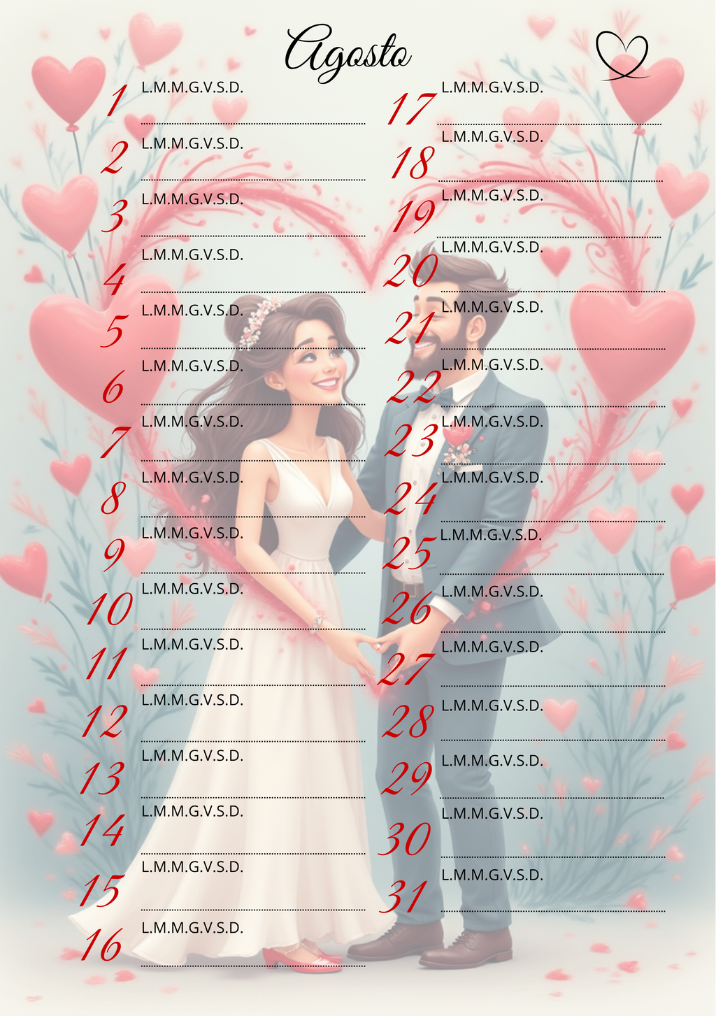 Agenda Mensile Matrimonio Personalizzata Artigianale – Modello 3