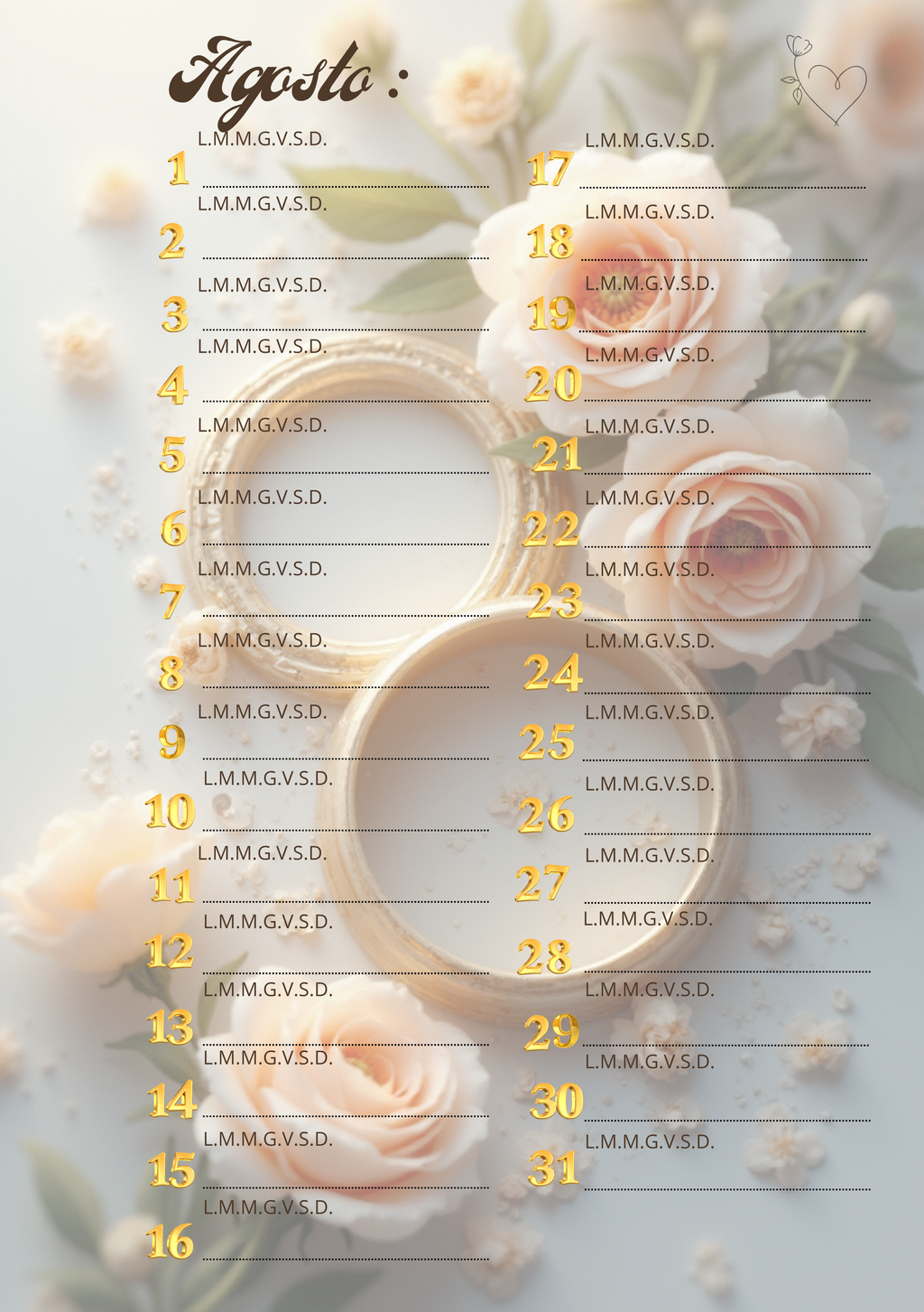 Agenda Mensile Matrimonio Personalizzata Artigianale – Modello 1