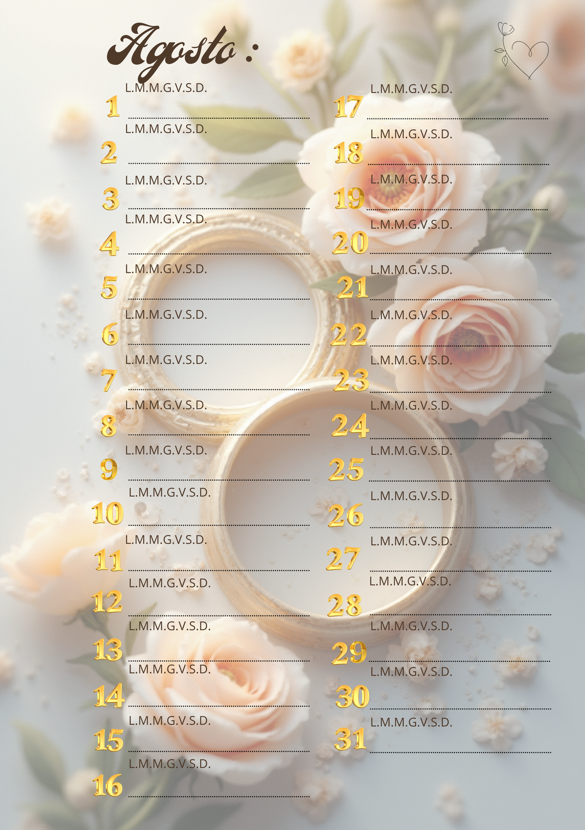 Agenda Mensile Matrimonio Personalizzata Artigianale – Modello 1