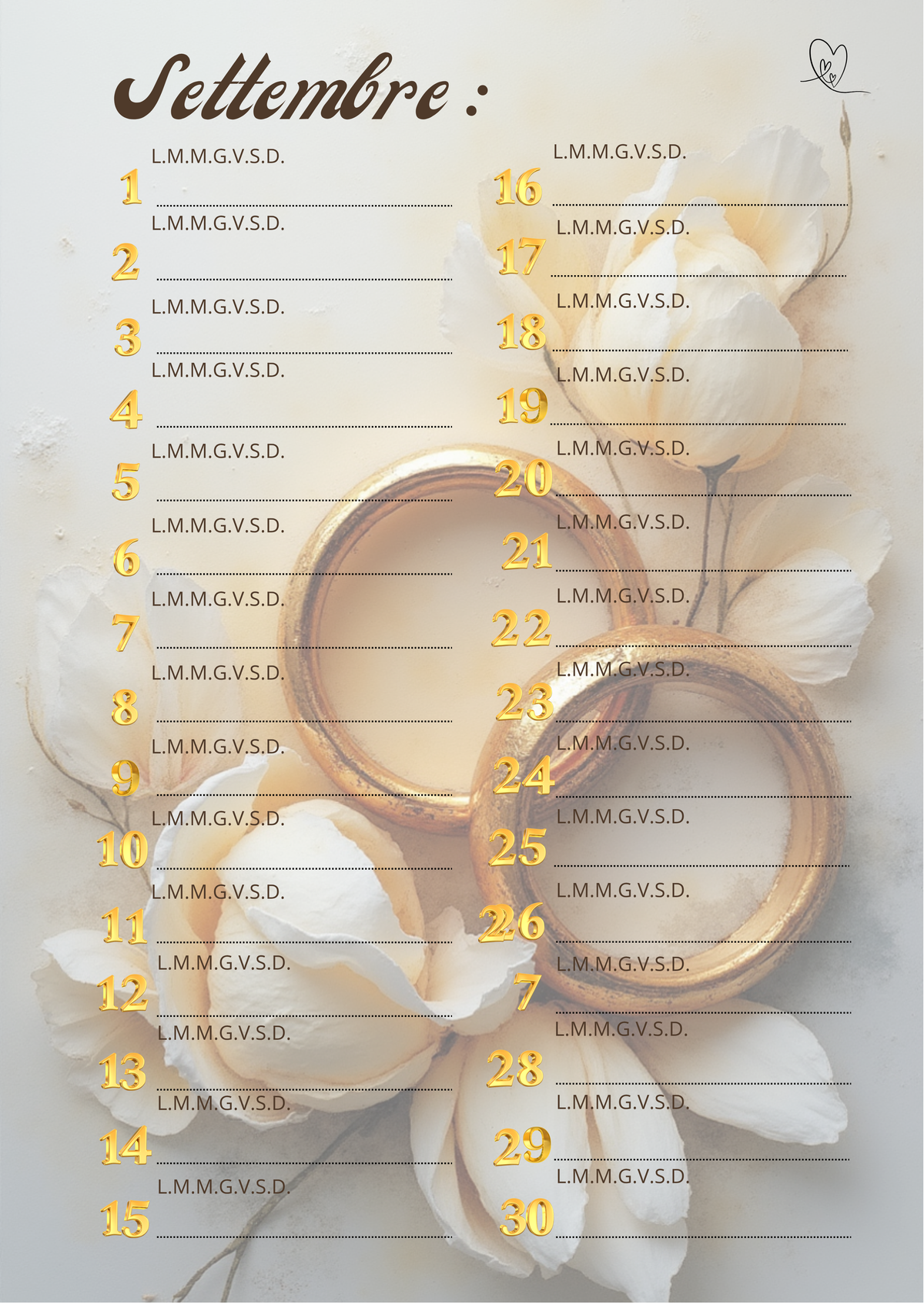 Agenda Mensile Matrimonio Personalizzata Artigianale – Modello 2