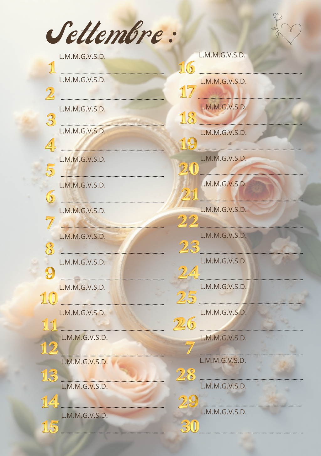 Agenda Mensile Matrimonio Personalizzata Artigianale – Modello 1