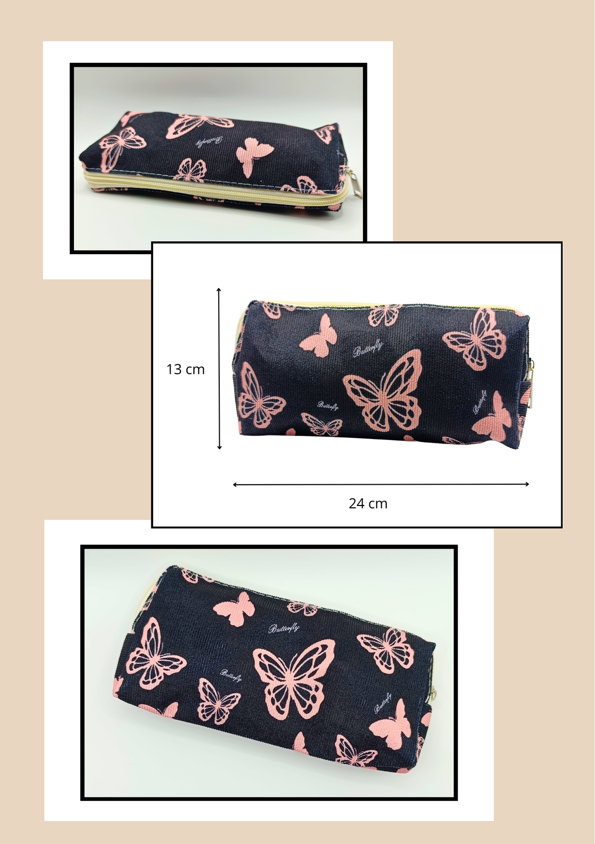Astuccio con stampa di farfalle su velluto nero e rosa