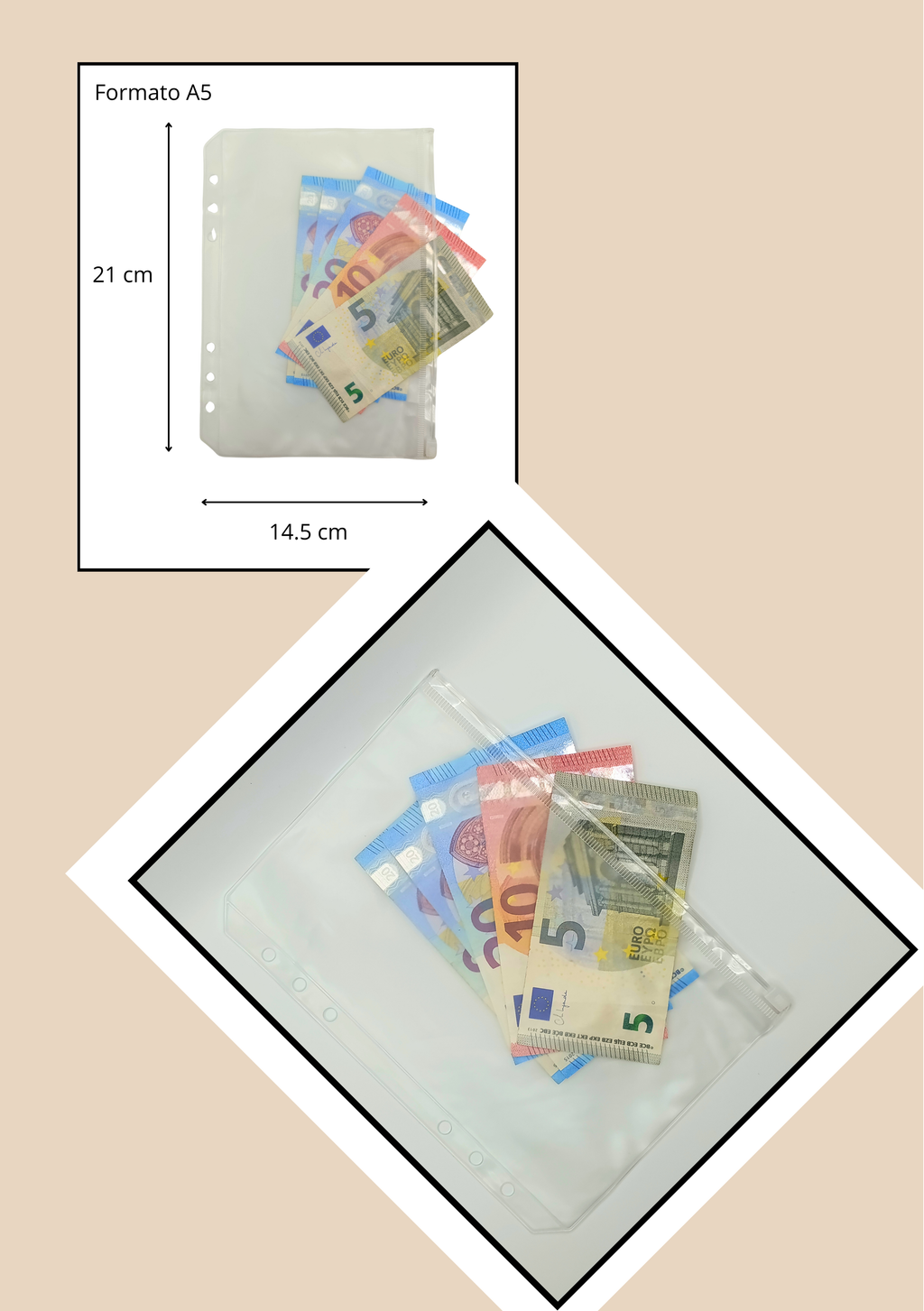Busta trasparente con zip A5 con banconote euro
