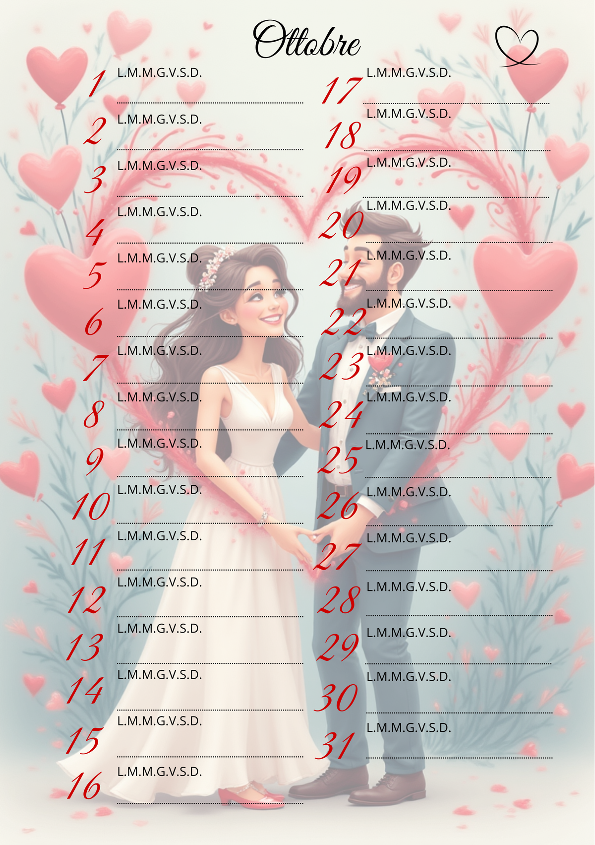 Agenda Mensile Matrimonio Personalizzata Artigianale – Modello 3