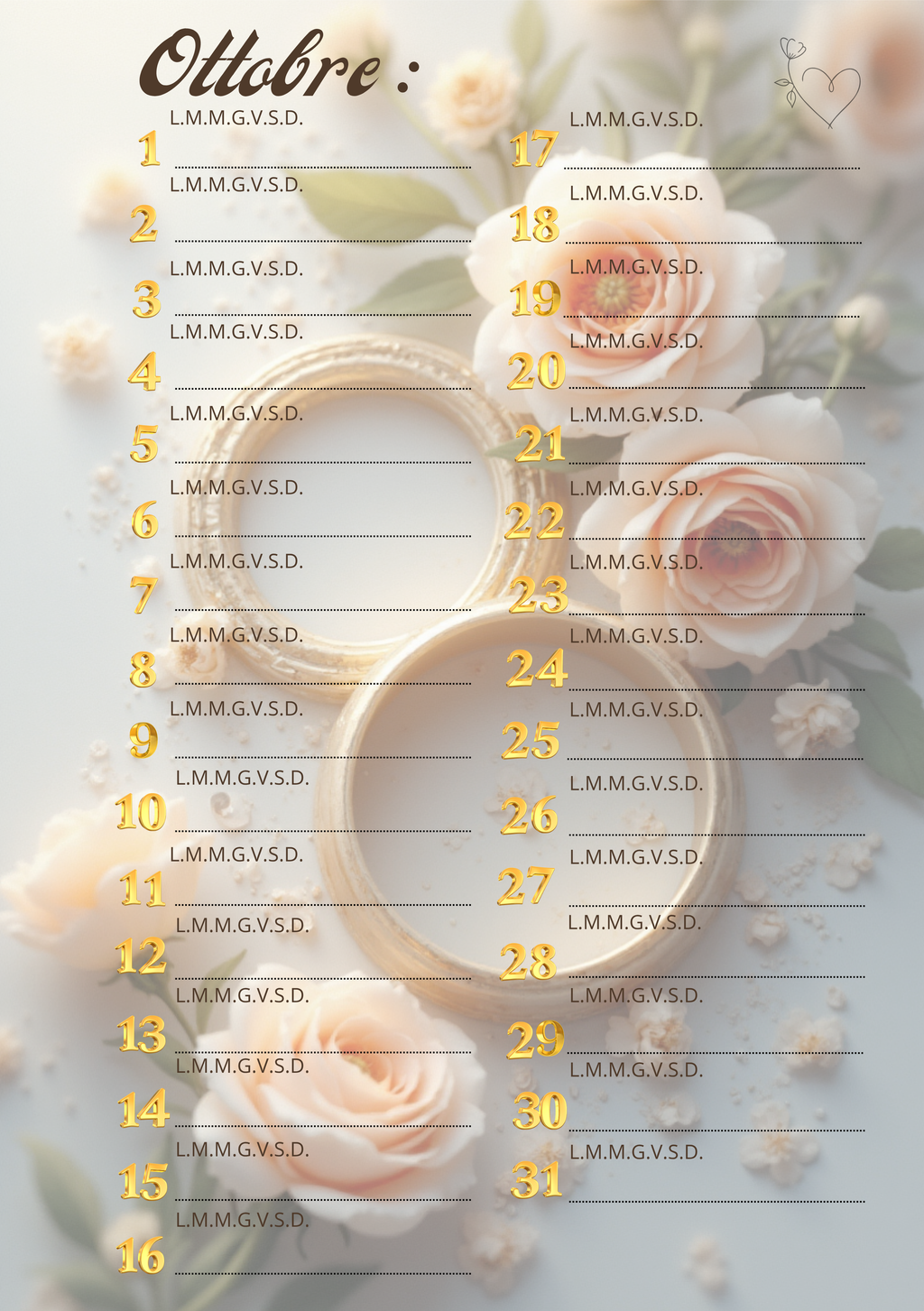 Agenda Mensile Matrimonio Personalizzata Artigianale – Modello 1