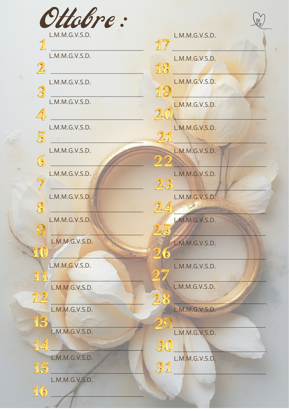 Agenda Mensile Matrimonio Personalizzata Artigianale – Modello 2