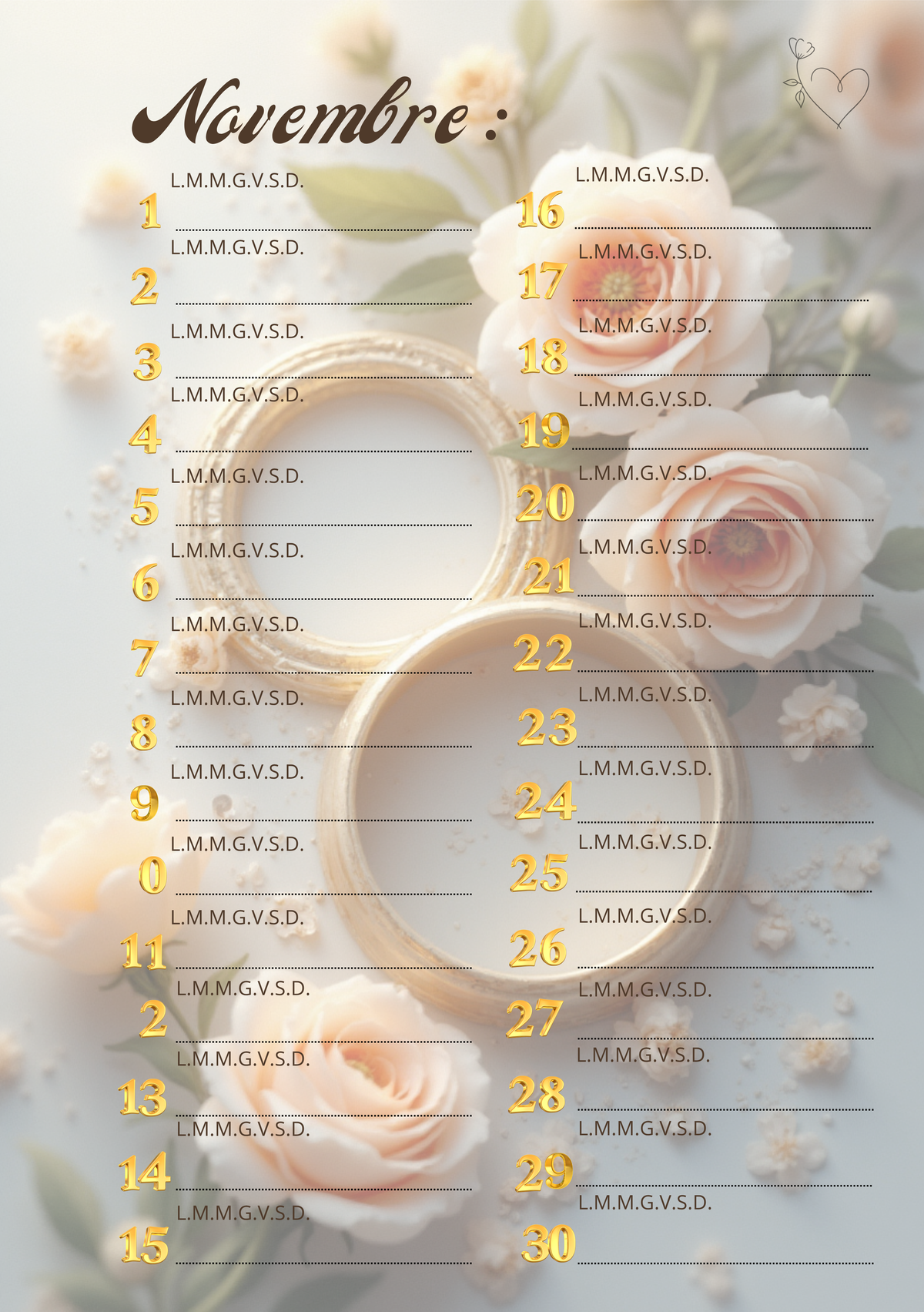 Agenda Mensile Matrimonio Personalizzata Artigianale – Modello 1