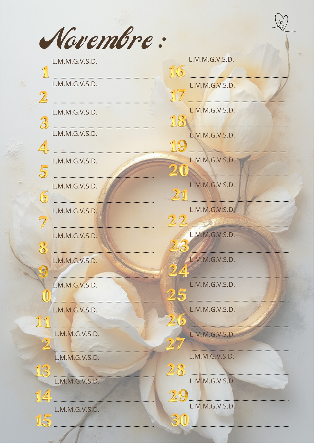 Agenda Mensile Matrimonio Personalizzata Artigianale – Modello 2
