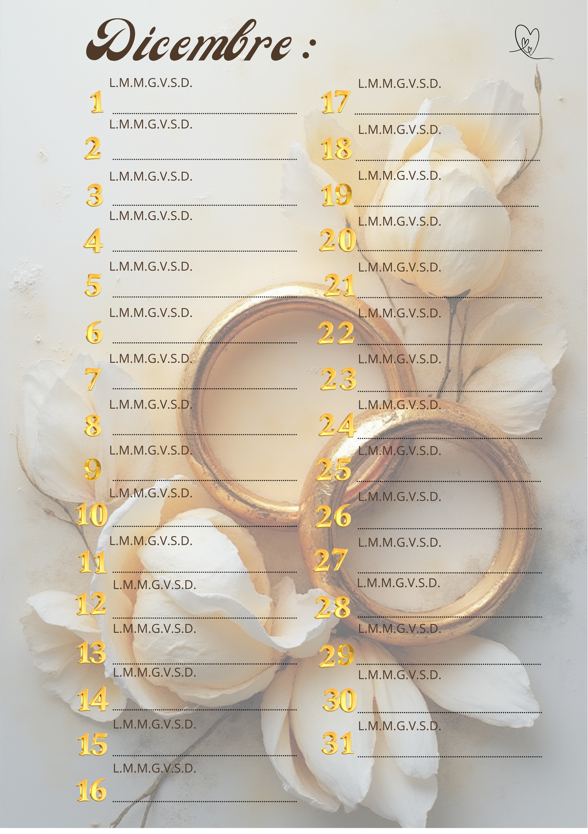 Agenda Mensile Matrimonio Personalizzata Artigianale – Modello 2