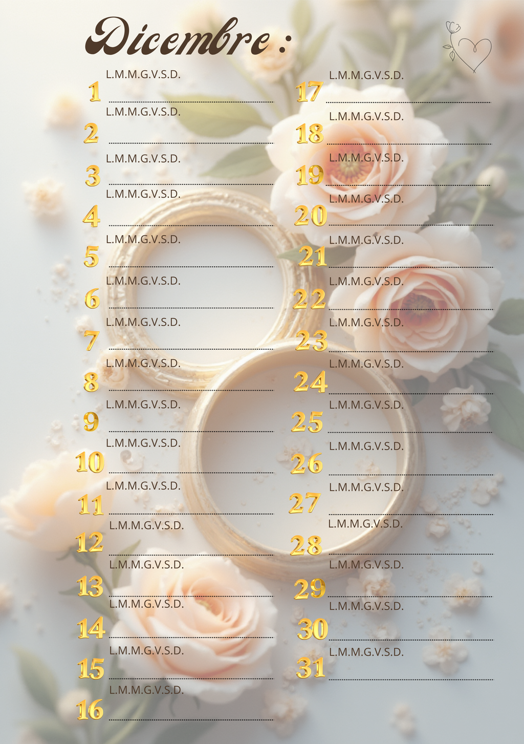 Agenda Mensile Matrimonio Personalizzata Artigianale – Modello 1