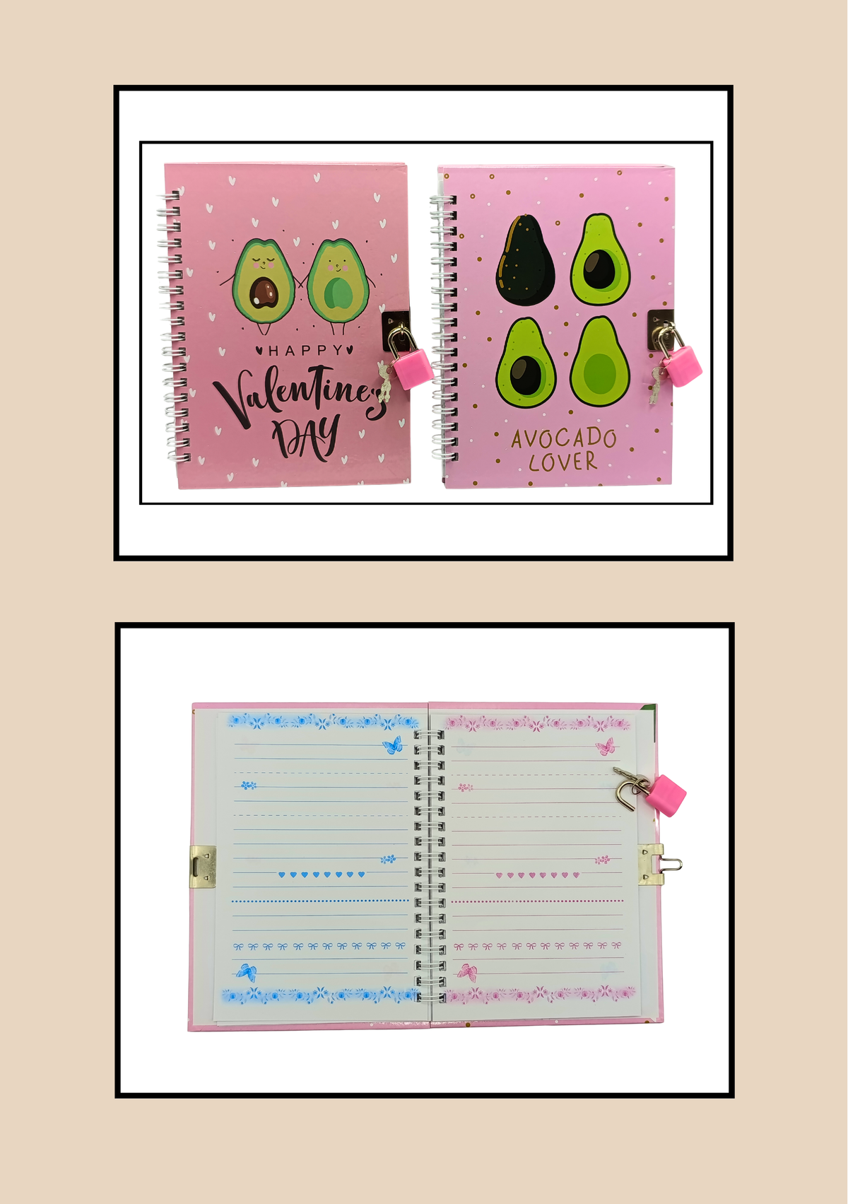 Agenda Avocado con Lucchetto - modelli rosa Happy Valentine's Day e Avocado Lover